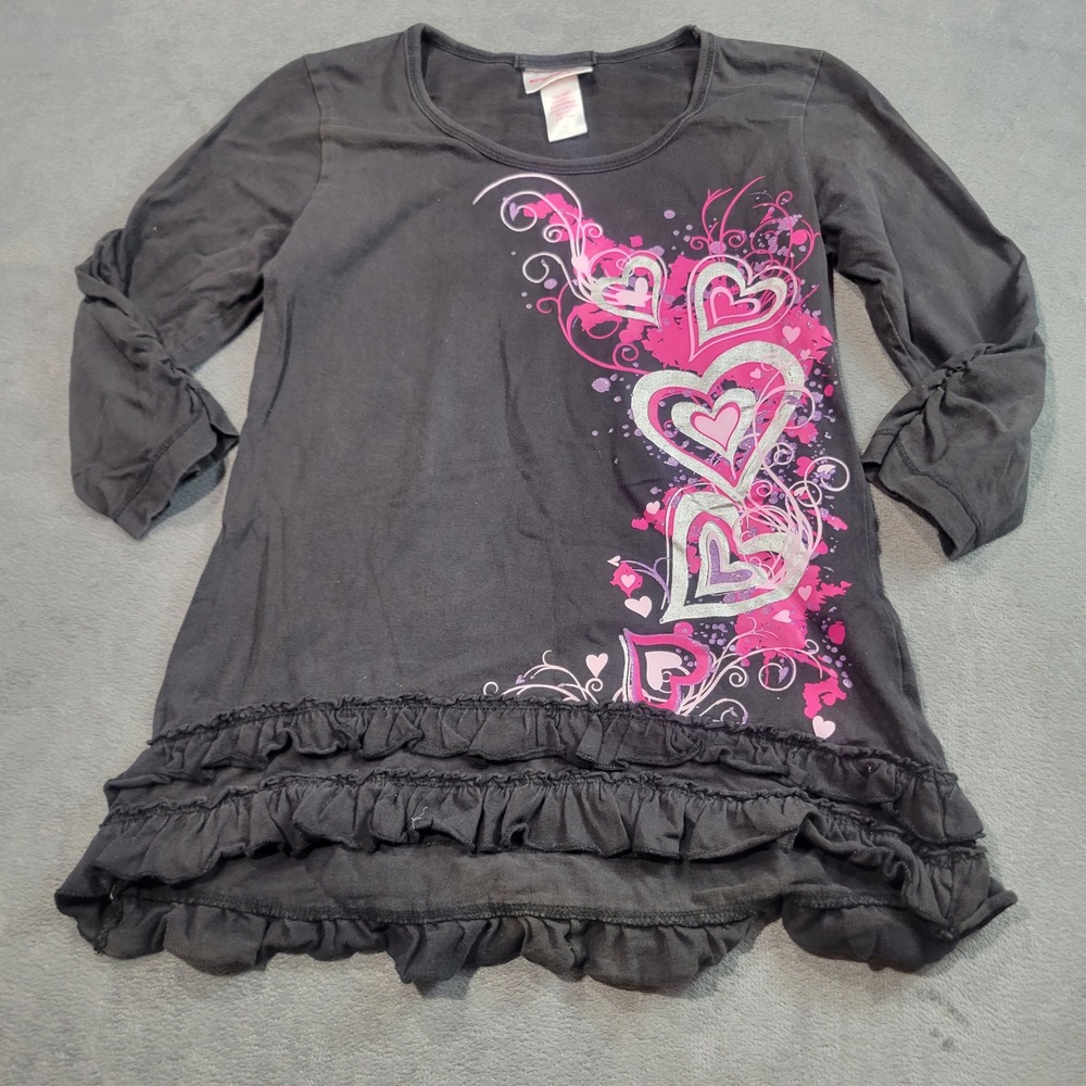 Extremely Me Girls Gray Heart Ruffle Tunic Top Pink Glitter Cotton Size 14/16